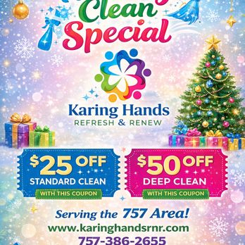 Karing Hands Refresh & Renew - The holidays are busy--cleaning doesn't have to be.
Book with Karing Hands Refresh & Renew and come home to peace, not stress. - Home Cleaning Near Me - Virginia Beach, Virginia Karing Hands Refresh & Renew - The holidays are busy--cleaning doesn't have to be.
Book with Karing Hands Refresh & Renew and come home to peace, not stress. - Home Cleaning Near Me - Virginia Beach, Virginia