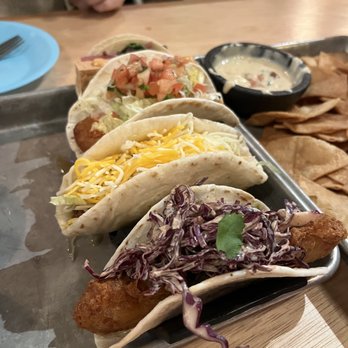 Hombre y Lobo | Tacos + Tequila - Tacosss. Back taco is tofu, then fake chicken, then I think pork and finally up close is the fish - Tacos Near Me - Buffalo, New York Hombre y Lobo | Tacos + Tequila - Tacosss. Back taco is tofu, then fake chicken, then I think pork and finally up close is the fish - Tacos Near Me - Buffalo, New York