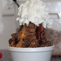 Fielder's Choice Ice Cream - The dugout floor - Choice of ice cream, peanut butter sauce, hot fudge, peanut butter cups and whipped cream!