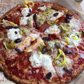 Blaze Pizza - Art Lover Pizza with pepperoni, peppers, olives on cauliflower crust. - Pizza Near Me - Irvine, California Blaze Pizza - Art Lover Pizza with pepperoni, peppers, olives on cauliflower crust. - Pizza Near Me - Irvine, California