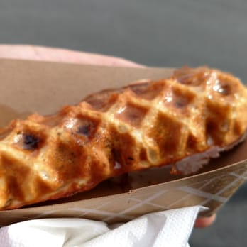 Golly Waffles - Belgian waffle Stuffed with Sausage - syrup topping - Waffles Near Me Golly Waffles - Belgian waffle Stuffed with Sausage - syrup topping - Waffles Near Me