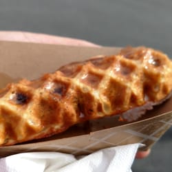 Golly Waffles - Belgian waffle Stuffed with Sausage - syrup topping