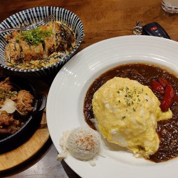 Curry Hyuga - Clockwise from top. Katsu don, beef hayashi om-rice, teppanji. - Japanese Curry Near Me - Burlingame, California