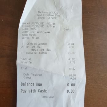 Mariscos La Chula - Downey - Receipt - Seafood Near Me - Downey, California Mariscos La Chula - Downey - Receipt - Seafood Near Me - Downey, California