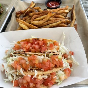 Dunedin Brewery - Blackened Mahi fish tacos with fries - Breweries Near Me - Dunedin, Florida