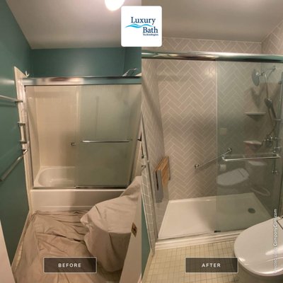 Tub to Shower Conversion, $1500 off - Does your New Jersey and Eastern Pennsylvania bathroom have a tub you rarely—if ever—use? What if we told you that there’s an easy and affordable way for you to make much better use of that valuable space?
The certified tub-to-shower conversion installers of Luxury Bath NJPA can help you transform that underused tub into a stylish, custom shower, with a convenient tub-to-shower conversion. Thanks to a streamlined installation process based on exacting measurements of your existing tub, there is no need to reconfigure the entire space. That means no long, messy renovation!
You might be wondering about cost.
Many homeowners think a bath conversion must be out of their budget—and most are pleasantly surprised to learn that Luxury Bath’s services typically cost much less than a traditional renovation. When you want to update your New Jersey and Eastern Pennsylvania bathroom quickly and affordably and enjoy remarkable results, Luxury Bath is the smart choice. Tub to Shower Conversion, $1500 off - Does your New Jersey and Eastern Pennsylvania bathroom have a tub you rarely—if ever—use? What if we told you that there’s an easy and affordable way for you to make much better use of that valuable space?
The certified tub-to-shower conversion installers of Luxury Bath NJPA can help you transform that underused tub into a stylish, custom shower, with a convenient tub-to-shower conversion. Thanks to a streamlined installation process based on exacting measurements of your existing tub, there is no need to reconfigure the entire space. That means no long, messy renovation!
You might be wondering about cost.
Many homeowners think a bath conversion must be out of their budget—and most are pleasantly surprised to learn that Luxury Bath’s services typically cost much less than a traditional renovation. When you want to update your New Jersey and Eastern Pennsylvania bathroom quickly and affordably and enjoy remarkable results, Luxury Bath is the smart choice.