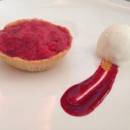 hot-house rhubarb tart with sour cream gelato and raspberry coulis hot-house rhubarb tart with sour cream gelato and raspberry coulis