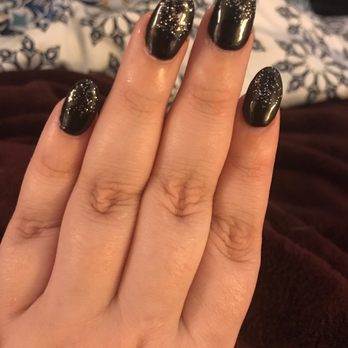 Elegant Nail Design - Black oval with half sparkle shellac on top of acrylic - Nail Salons Near Me - Marysville, Washington