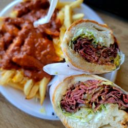 Pastrami sandwich and chili cheese fries
