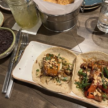 Ancho & Agave - Pork Belly Taco & really good Kong Pow Chicken Taco -- huge side order of black beans - Mexican Near Me - Deer Park, Illinois