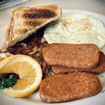 Peg's Glorified Ham & Eggs - Fried Spam and (over medium) eggs with hash browns and toast - Breakfast & Brunch Near Me - Reno, Nevada Peg's Glorified Ham & Eggs - Fried Spam and (over medium) eggs with hash browns and toast - Breakfast & Brunch Near Me - Reno, Nevada
