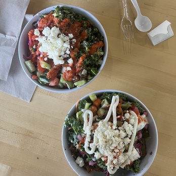 Baba's Mediterranean Grill - Chicken Shawarma Bowl with spicy sauce and a Lamb & Beef Shawarma Bowl with spicy and tumah sauce. - Mediterranean Near Me - Portland, Oregon