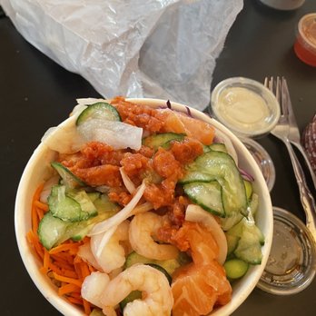 Pokedoke - Spicy tuna, salmon, and shrimp bowl. - Poke Near Me - University City, Missouri