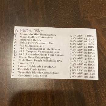 Moon Hollow Brewing Company - List of my flight - Brewpubs Near Me - Blacksburg, Virginia Moon Hollow Brewing Company - List of my flight - Brewpubs Near Me - Blacksburg, Virginia