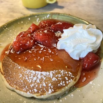 Tex & Shirleys - One pancake with a side of strawberries and whipped cream and a little powdered sugar! This pancake was very good. - Breakfast & Brunch Near Me - Greensboro, North Carolina Tex & Shirleys - One pancake with a side of strawberries and whipped cream and a little powdered sugar! This pancake was very good. - Breakfast & Brunch Near Me - Greensboro, North Carolina