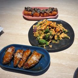 Stuffed jalapeno peppers, Brussels sprouts, crispy tofu