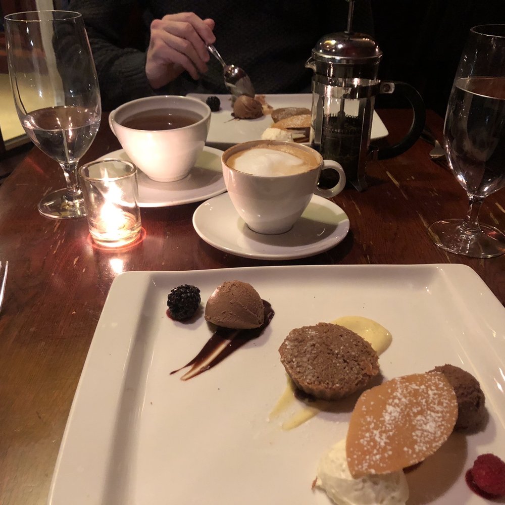 Dessert - chocolate ice cream, chocolate almond cake, two mousses, cream and berries. Yum! Dessert - chocolate ice cream, chocolate almond cake, two mousses, cream and berries. Yum!