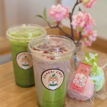 Okaeri Cafe - Matcha Latte w/ Strawberry Foam & Pandan Matcha Latte (Valentine's Menu Drinks) - Japanese Near Me - Richardson, Texas