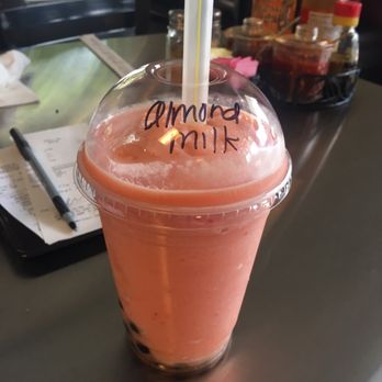 Noodle Bar - Pineapple and strawberry boba smoothie, made with almond milk. My absolute favorite! - Vietnamese Near Me - Marina, California