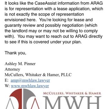 Whitaker & Hamer - Staff never followed up on their action to reach out to ARAG directly and never responded to my correspondence after this message. - Personal Injury Law Near Me - Garner, North Carolina