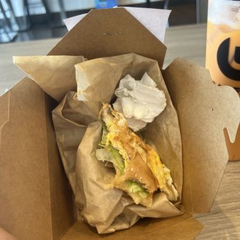 CAFFE:iN - Almost finished burger (bread, egg, cheese, and lettuce) I removed the chicken - Coffee & Tea Near Me - Union City, California