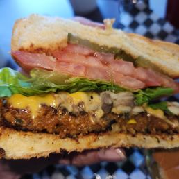 Veggie Burger w/ Cheese, Extra Tomato, Mushrooms (not needed) - About $10.25 before tip
