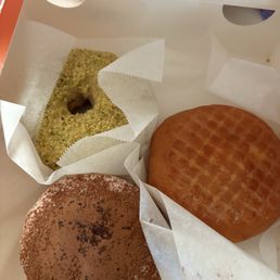 Butter Pistachio Donut, Creme Brulee Donut and Coffee Cream Ball Butter Pistachio Donut, Creme Brulee Donut and Coffee Cream Ball
