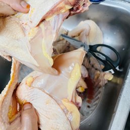 a person holding a piece of chicken in a sink