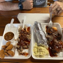 Simply Good BBQ - 1/4lb pork plate with beans and corn nuggets, and a 1/2lb brisket plate with fried corn and potato salad. Every side was done to perfection.