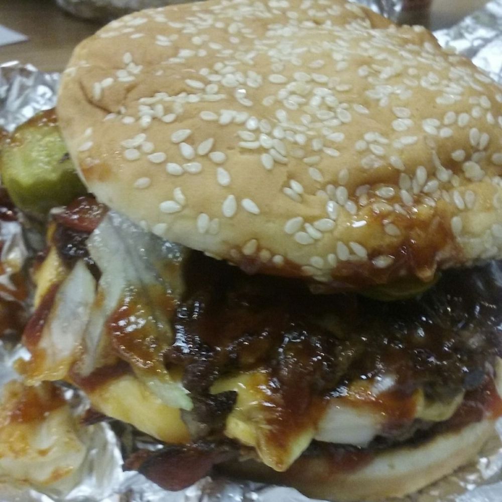 Five Guys - Big bacon cheeseburger with lettuce tomato raw onion pickles and  bbq sauce yummmm!!! - Burgers Near Me - Cedar Rapids, Iowa