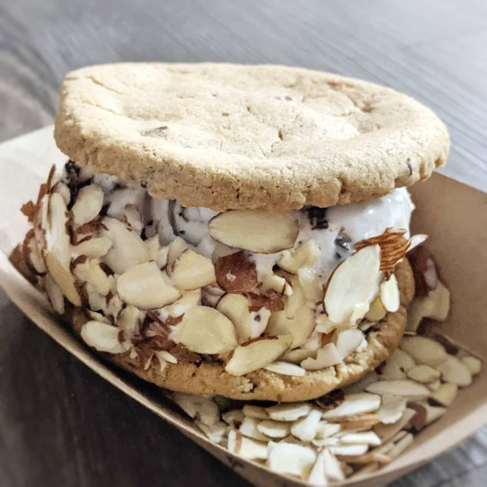 The Baked Bear - Vegan vanilla, chocolate chip cookie, and almonds - Ice Cream & Frozen Yogurt Near Me - Austin, Texas The Baked Bear - Vegan vanilla, chocolate chip cookie, and almonds - Ice Cream & Frozen Yogurt Near Me - Austin, Texas
