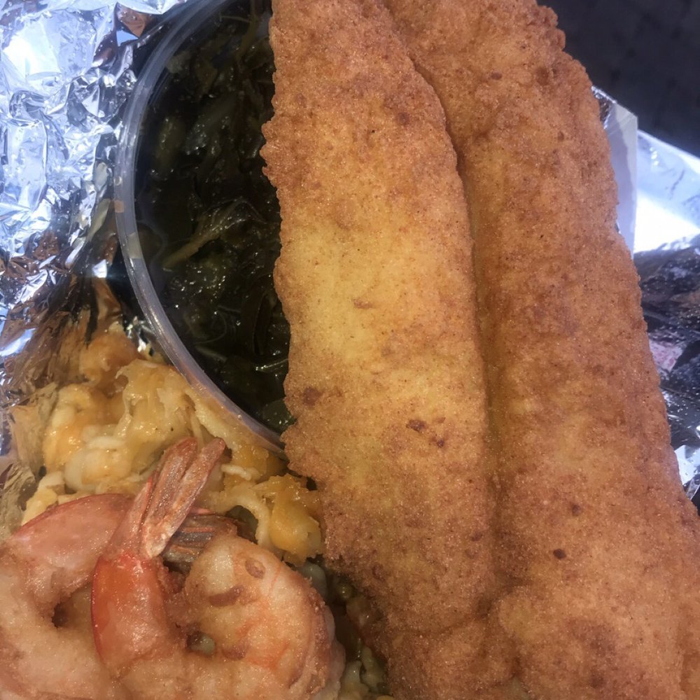 Catfish, Bang Bang Shrimp, Greens, Mac and Chesse