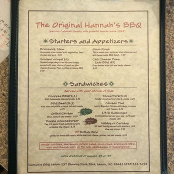 Hannah's Bar-B-Q - Menu - Barbeque Near Me - Lenoir, North Carolina