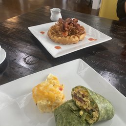 Chicken & waffles Breakfast burrito with side of hash browns Chicken & waffles Breakfast burrito with side of hash browns