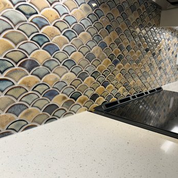 Tile Craft - A close look at a dragon scale backsplash. - Tiling Near Me - Eugene, Oregon Tile Craft - A close look at a dragon scale backsplash. - Tiling Near Me - Eugene, Oregon