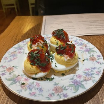 Pennyroyal Station - Crabby Deviled Farm Eggs with Chilli Relish - Comfort Food Near Me - Mount Rainier, Maryland Pennyroyal Station - Crabby Deviled Farm Eggs with Chilli Relish - Comfort Food Near Me - Mount Rainier, Maryland