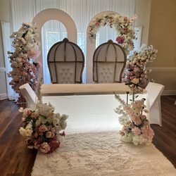 The Main House Events - Beautiful sweetheart table design with soft florals, statement chairs, and elegant wedding decor