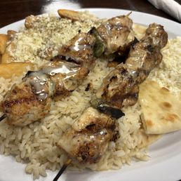 Chicken Skewers with rice Feta Fries Chicken Skewers with rice Feta Fries