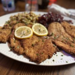 Himmel's - Chicken schnitzel.Spaetzle   . Red cabbage. Later I cover it with Jaeger sauce.