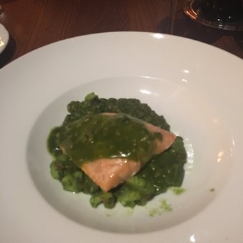 Plucky Wines - Half order of salmon with farro, spring vegetables golden raisins pine nut gremolata - New American Near Me - Bedminster, New Jersey