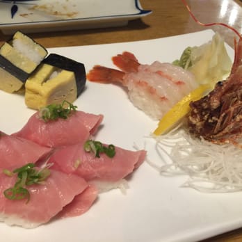 Daimonji Japanese Restaurant - Tamago (Sweet Egg Omelette) , Amaebi (Sweet Raw Shrimp), Blue Fin Toro (Fatty Tuna), and fried Amaebi heads - Japanese Near Me - Seattle, Washington Daimonji Japanese Restaurant - Tamago (Sweet Egg Omelette) , Amaebi (Sweet Raw Shrimp), Blue Fin Toro (Fatty Tuna), and fried Amaebi heads - Japanese Near Me - Seattle, Washington