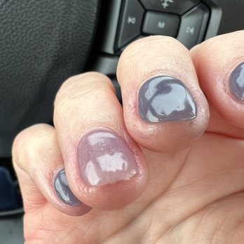 Grace By Claire - Dip on skin (middle finger and hard to see). Uneven nail filing, streaks, and bubbling on 4th finger nail. - Nail Salons Near Me - Coralville, Iowa Grace By Claire - Dip on skin (middle finger and hard to see). Uneven nail filing, streaks, and bubbling on 4th finger nail. - Nail Salons Near Me - Coralville, Iowa