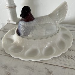 Founding Family Antiques - Fenton Nesting Hen w/ Egg Plate