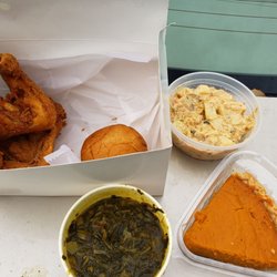 Lady Sharon's Soul Food Kitchen - Jumbo whole fried chicken wing meal with a roll, potato salad, collard greens, and sweet potato pie