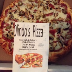 Olindo's Pizza - Random topping: pepperoni, green olive, mushroom & tomato on a medium pie