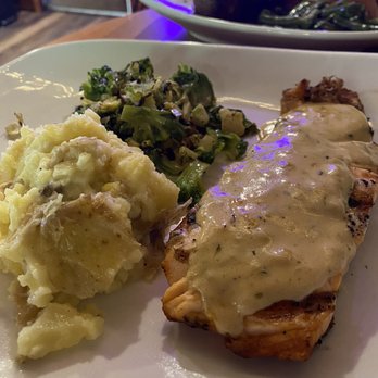 Promised Land Inn - Salmon with smashed garlic potatos and burnt Brussels sprouts. - American Near Me - Greentown, Pennsylvania Promised Land Inn - Salmon with smashed garlic potatos and burnt Brussels sprouts. - American Near Me - Greentown, Pennsylvania