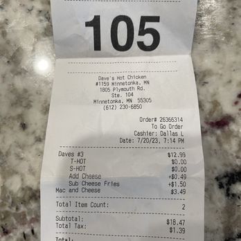 Dave's Hot Chicken - Receipt - Chicken Shop Near Me - Minnetonka, Minnesota