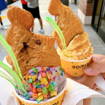 Somisomi - Ube cookies and cream swirl, fruity pebbles, taiyaki with red bean inside Melon and mango swirl, coconut, taiyaki with red bean - Ice Cream & Frozen Yogurt Near Me - Pleasanton, California Somisomi - Ube cookies and cream swirl, fruity pebbles, taiyaki with red bean inside Melon and mango swirl, coconut, taiyaki with red bean - Ice Cream & Frozen Yogurt Near Me - Pleasanton, California