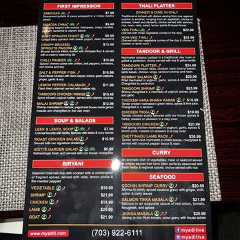 Aditi Indian Dining - Menu options - Indian Near Me - Alexandria, Virginia