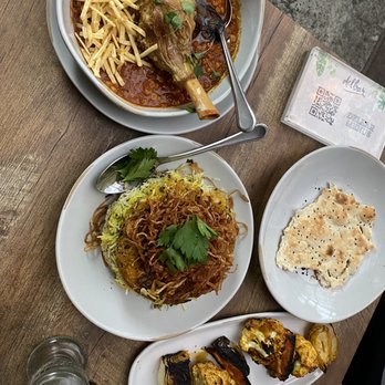 Delbar Middle Eastern - Gheimeh bademjoon (lamb shank), sabzi polo and grilled vegetables - Persian/Iranian Near Me - Atlanta, Georgia
